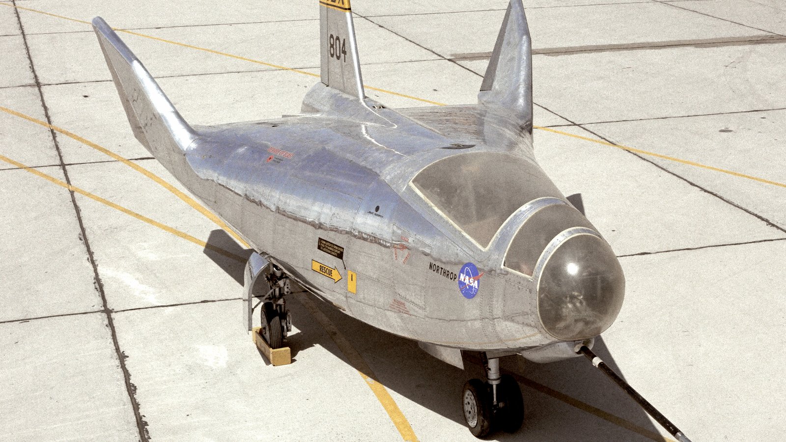 Northrop HL-10 lifting body (NASA 804) parked on the ramp at NASA’s Flight Research Center, Edwards, California, 1966